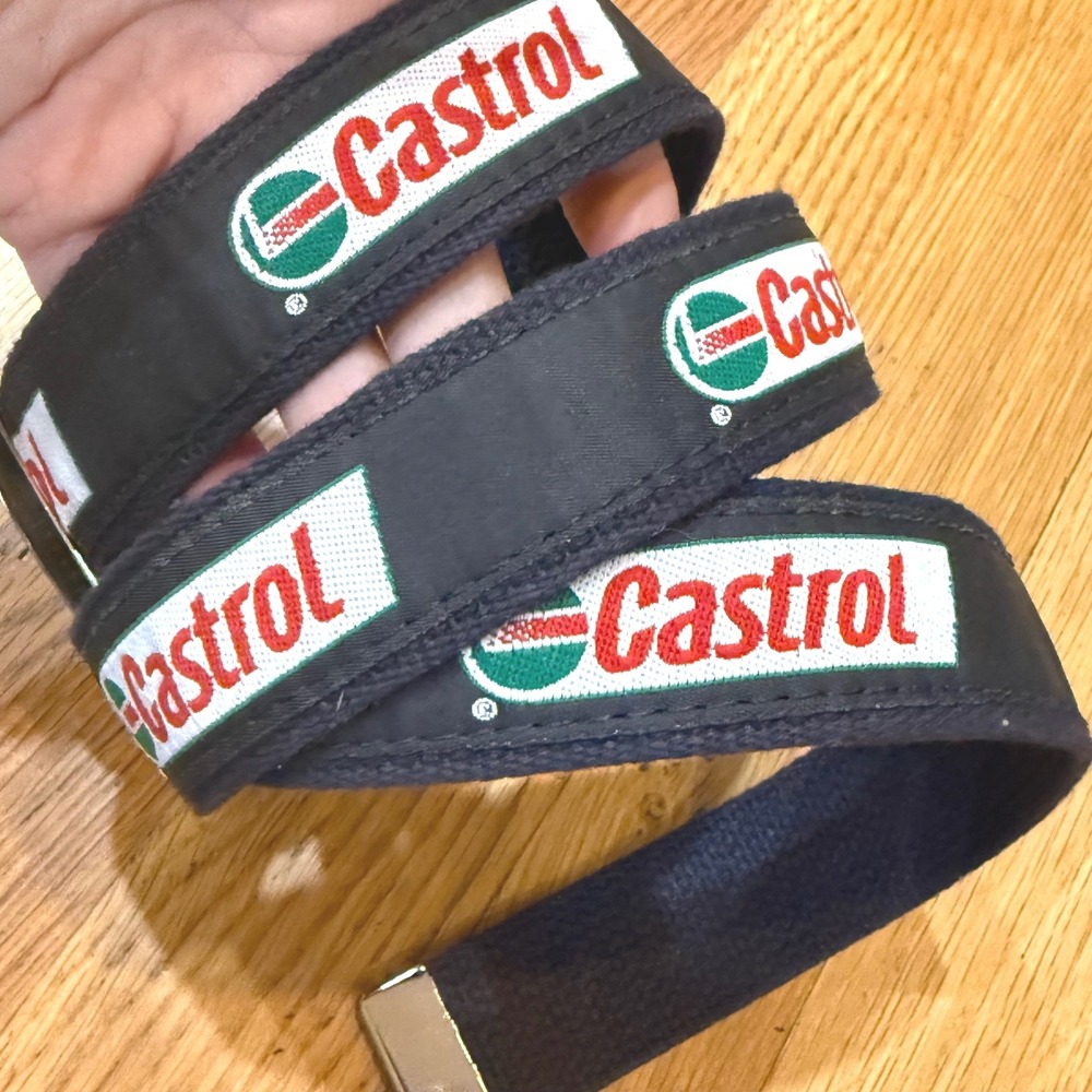 Castrol Oil Racing Web Belt Black Canvas Embroidered Logo Chrome Buckle 1.5in